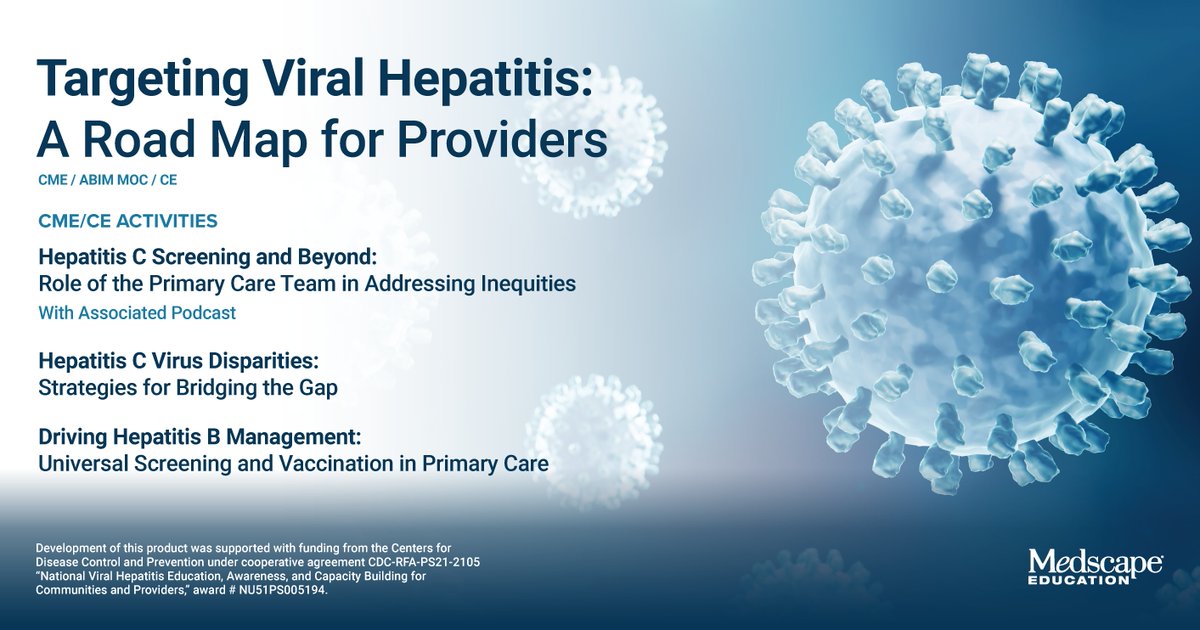 AAPCHOtweets's tweet image. Looking for CMEs/CEs and have 30mins and want to learn more abt the prevention and management of viral #hepatitis? Check out  &quot;Targeting Viral Hepatitis: A Road Map for Providers&quot; course from Medscape Education: medscape.org/viewcollection…