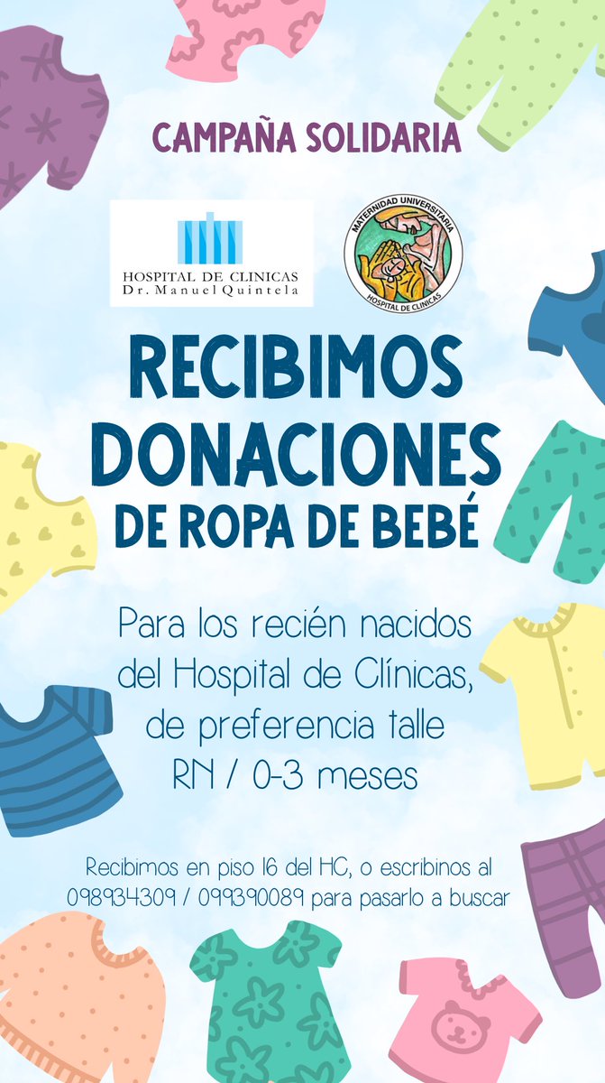 Apelando a la solidaridad que caracteriza a los uruguayos, desde la maternidad del Hospital de Clínicas pedimos colaboración para conseguir ropa de 0-3 meses que está haciendo mucha falta. Lo pueden alcanzar al HC (Piso 16) o nos avisan y lo pasamos a buscar dentro de Montevideo