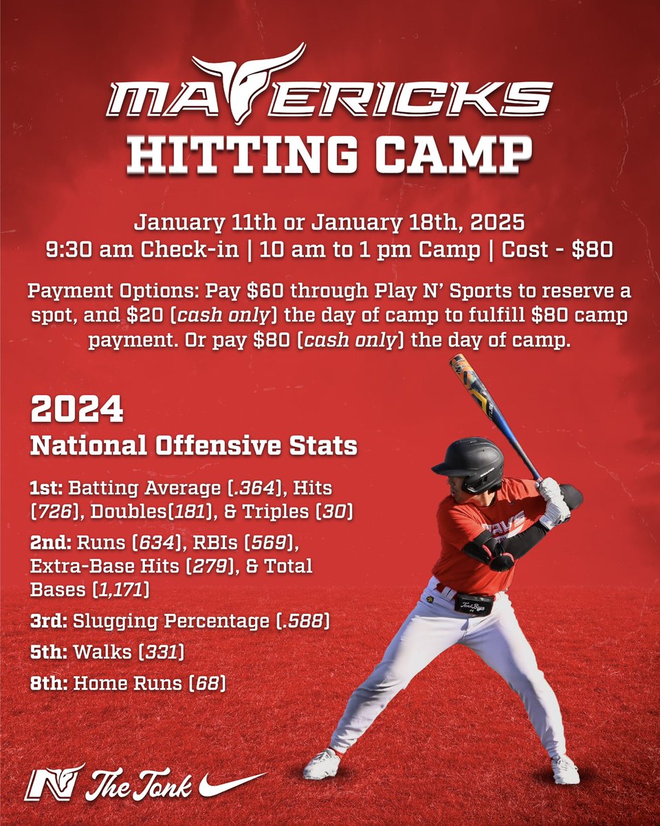 🚨Hitting Camp is Live 🚨

Come and learn from one of the top junior college offenses! 

Great opportunity to get in front of our coaching staff before the season starts! 

Sign up today! 

Sign up Link: playnsports.com/event/maverick…

#TonkBoys🤘🏻