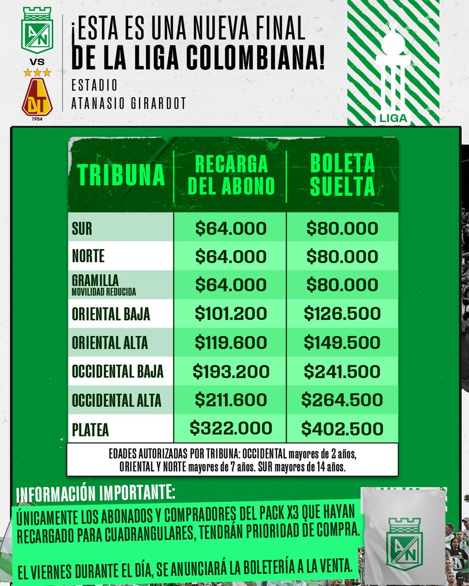 nacionaloficial's tweet photo. ¡Todo se define EN CASA! 🏟️💚

Jugamos una nueva final y es importante que estemos TODOS JUNTOS, alentando al más grande en busca del título de Liga. Separa tu espacio en @fankisports https://t.co/7QZnK1YHkM 🏟️

⚠️ La plataforma permitirá solo una recarga por persona, el abonado comprará su ubicación de siempre. Para compra de boletería adicional, solo disponible este viernes.

#VamosTodosJuntos🇳🇬 
#JuntosHastaElFinal