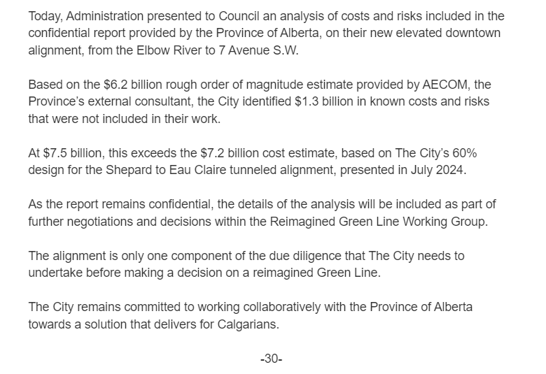 BREAKING: City of Calgary says provincial Green Line alignment doesn't include $1.3B in known costs and risks. Claims total price tag is $7.5B.