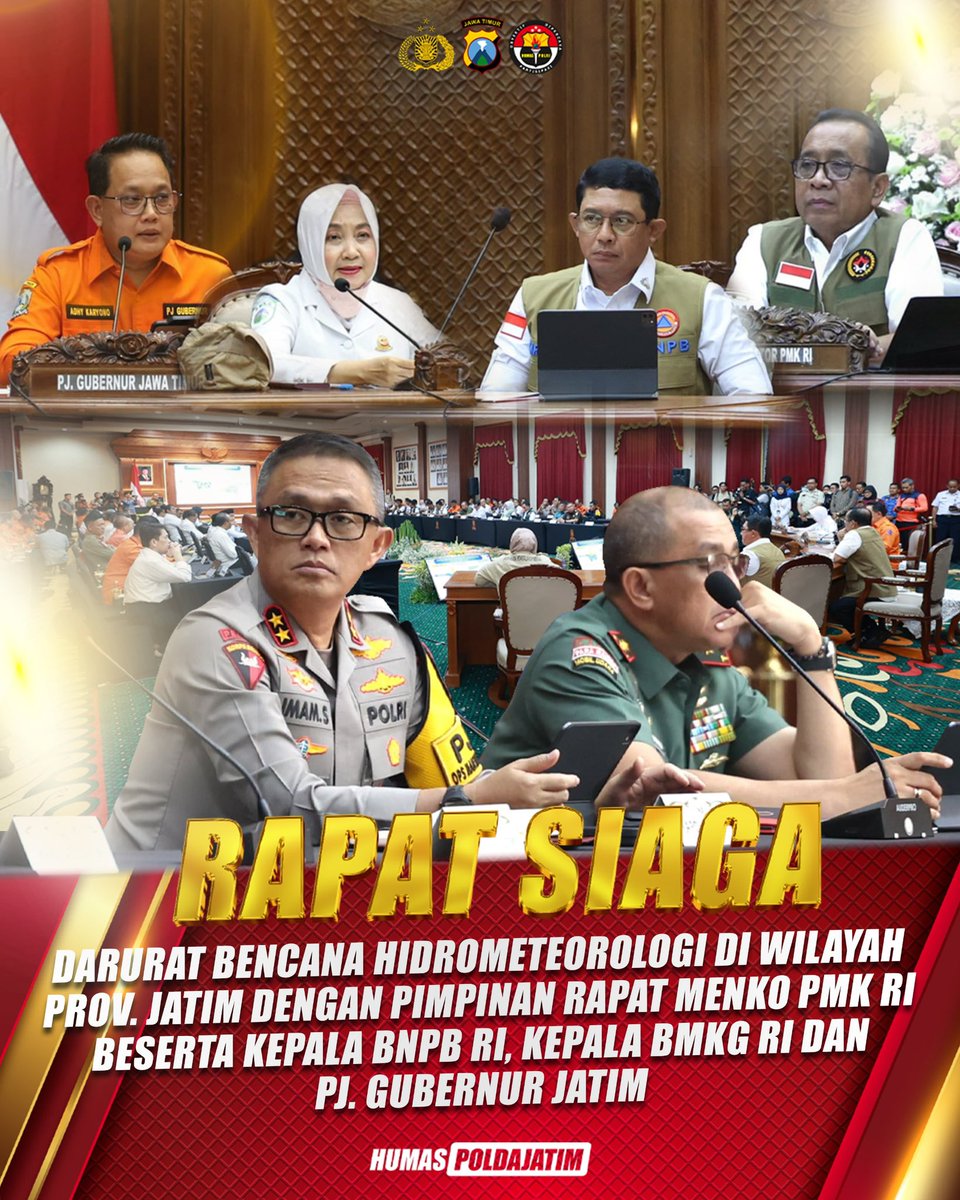 bidhumas_jatim's tweet photo. Rakor Siaga Darurat Bencana Hidrometeorologi di Wilayah Prov. Jatim dengan Pimpinan Rapat Menko PMK RI Beserta Kepala BNPB RI, Kepala BMKG RI Dan Pj. Gubernur Jatim
.
@divisihumaspolri
.
#PolriPresisi #PoldaJatim #HumasPolri #HumasPoldaJatim #Hidrometeorologi #BMKG #BMPB #Bencana https://t.co/b71j0QNIiN
