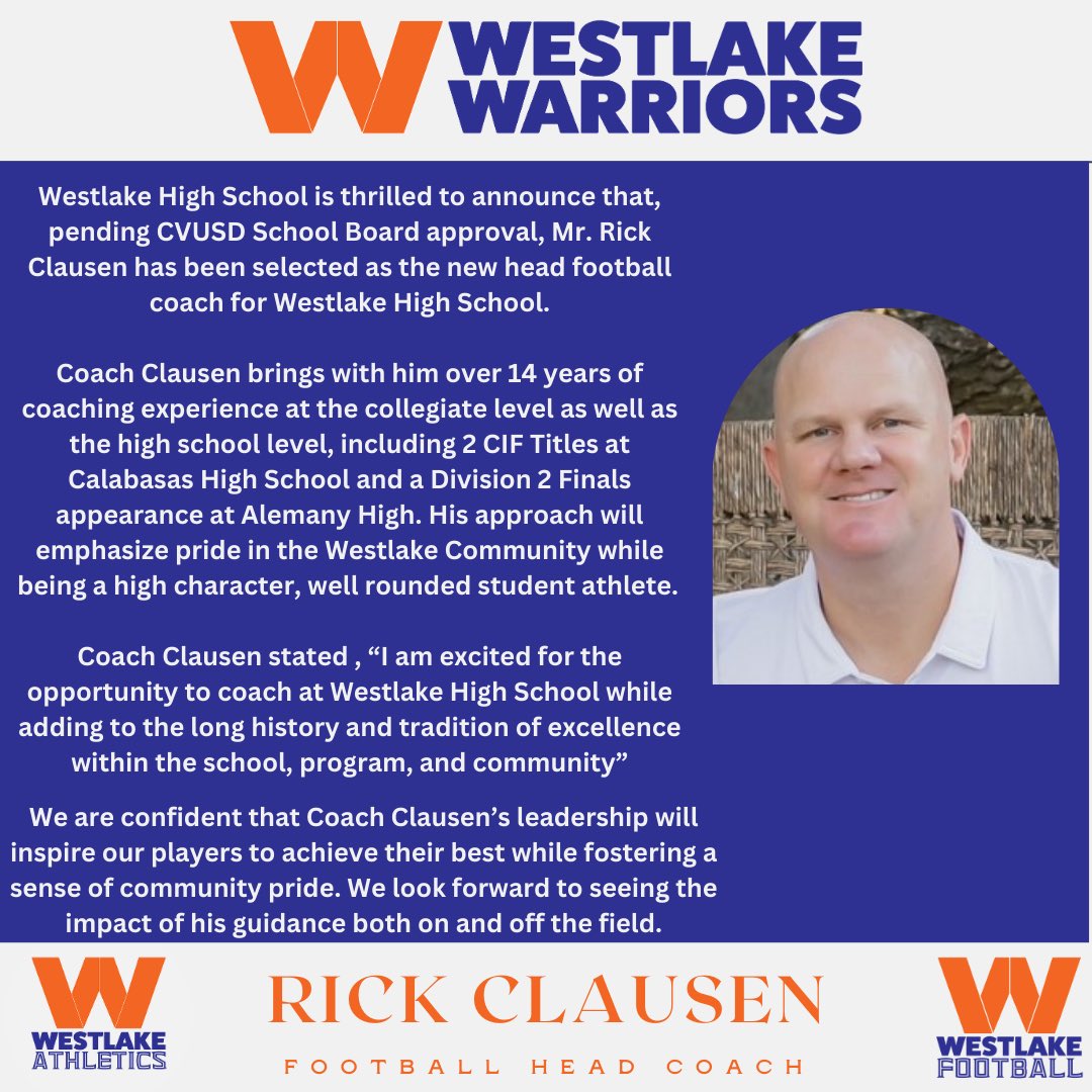 Westlake HS (@westlakehs_ca) on Twitter photo Westlake High School is proud to introduce our new Football Head Coach Rick Clausen! #WeAreWarriors <a href="/latsondheimer/">eric sondheimer</a> <a href="/Tarek_Fattal/">Tarek Fattal</a> @haleysawyer <a href="/vcsjoecurley/">Joe Curley</a> <a href="/EliavAppelbaum/">Eliav Appelbaum</a> <a href="/pollonpreps/">Jack Pollon</a> <a href="/RamsNFL/">Los Angeles Rams</a> <a href="/RamsCommunity/">Rams Community</a> Westlake High School is proud to introduce our new Football Head Coach Rick Clausen! #WeAreWarriors <a href="/latsondheimer/">eric sondheimer</a> <a href="/Tarek_Fattal/">Tarek Fattal</a> @haleysawyer <a href="/vcsjoecurley/">Joe Curley</a> <a href="/EliavAppelbaum/">Eliav Appelbaum</a> <a href="/pollonpreps/">Jack Pollon</a> <a href="/RamsNFL/">Los Angeles Rams</a> <a href="/RamsCommunity/">Rams Community</a>