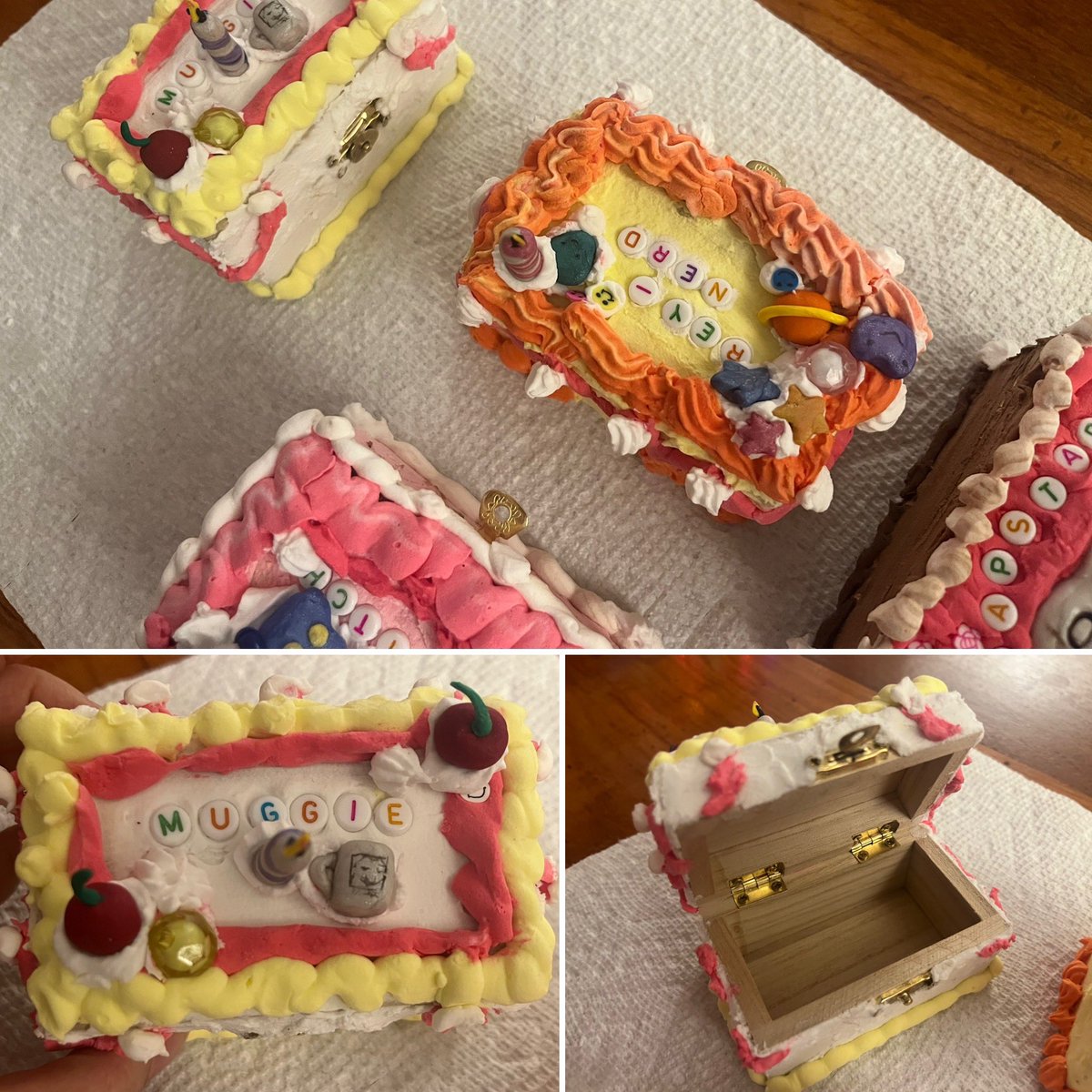 For holiday gift exchange with her friends, Kid 1 made what looked like  mini cakes that can open up to store small items…and now Kid 2 wants one!  #cakebox #craft, image size:1200x1200