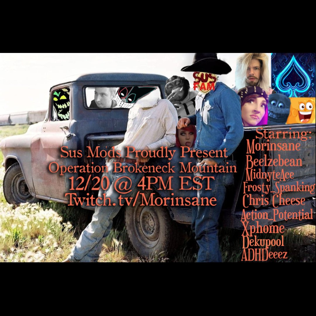 ❗❗ATTENTION ❗❗ 
The Mods leave the Basement to bring you 24 HOURS of degen chaos, games, videos, DJs and unique sus art! Every donation goes to to fixing my busted neck, so join Operation Brokeneck Mountain starting Friday 12/20 at 4PM EST on twitch . tv / Morinsane !