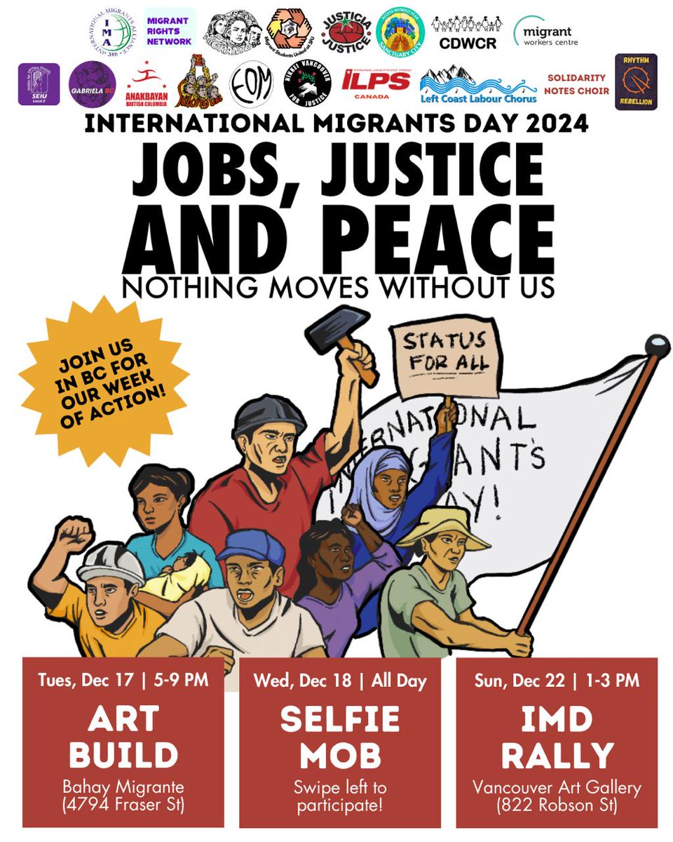 Attention #CoastSalish/#Vancouver folks:
Join Justicia-J4MW BC and several #migrantjustice organizations: 
#InternationalMigrantsDay 
#Jobs #Justice #Peace
