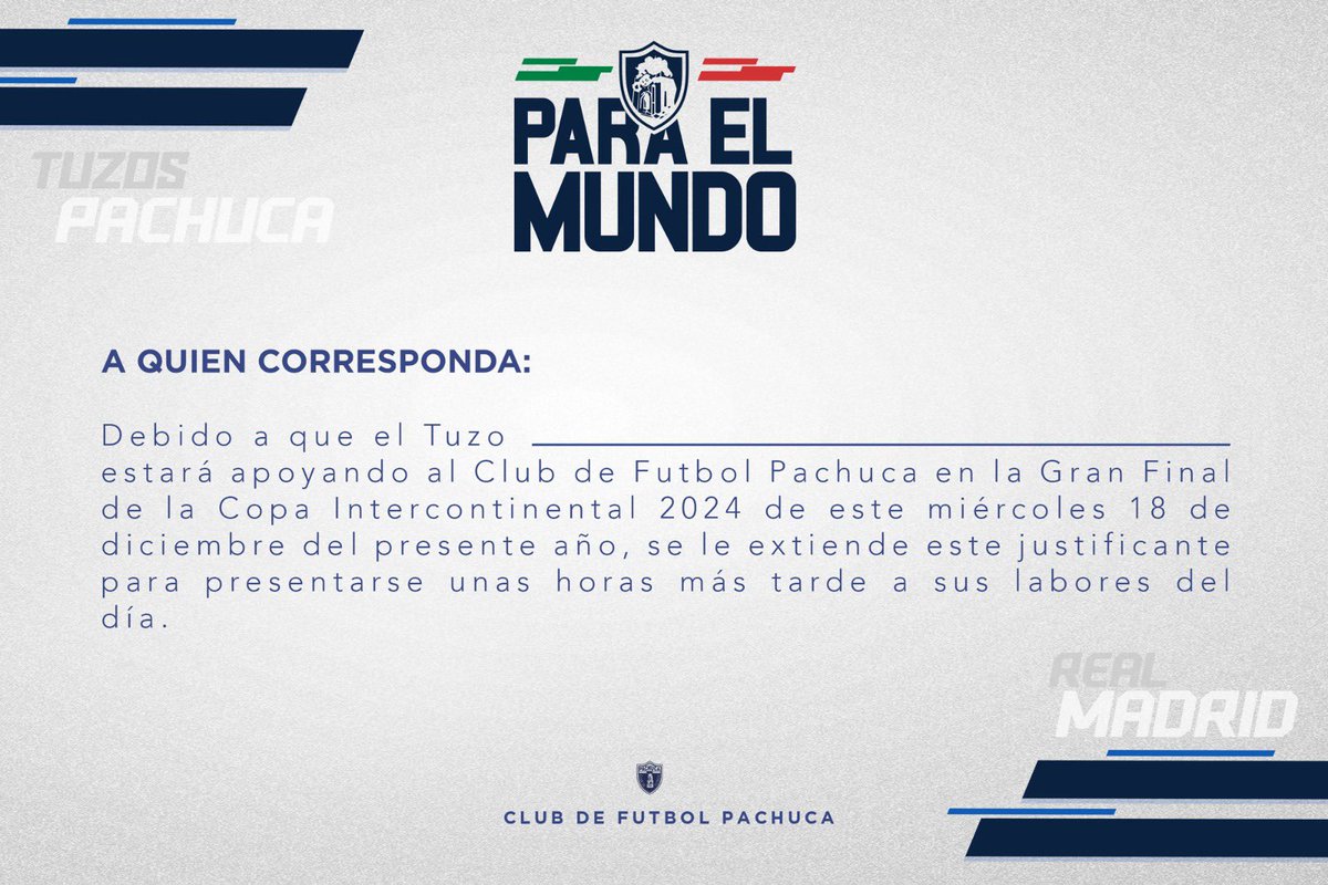 Tuzos's tweet photo. ✍🏼 | No puede, MAÑANA JUEGA EL CLUB DE FUTBOL PACHUCA POR LA INTERCONTINENTAL

#PachucaParaElMundo🤍💙 https://t.co/bhZglua8rn