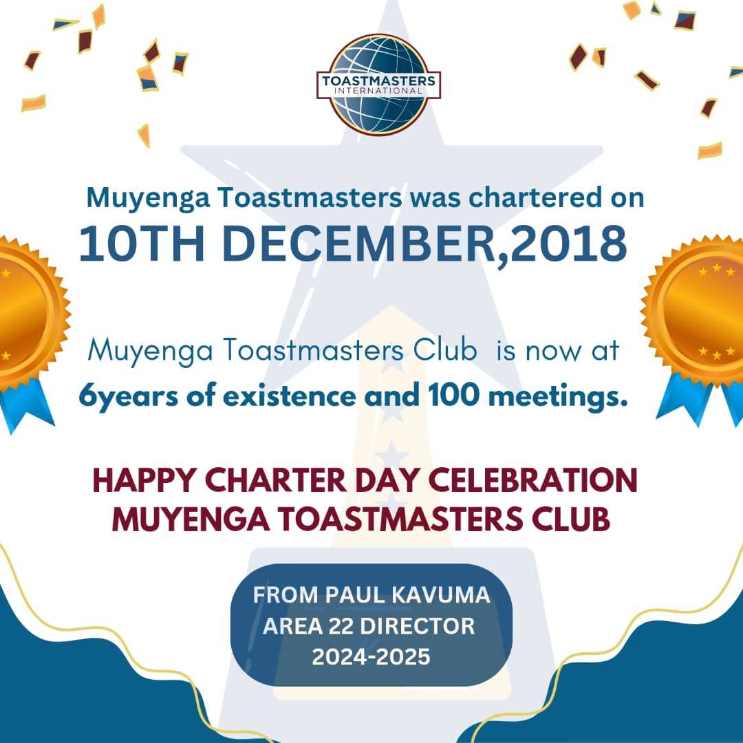 Muyenga Toastmasters Club (@clubmuyenga) on Twitter photo This month we hosted our 100th meeting.
We also celebrated our 6th Anniversary as Muyenga Toastmasters Club.
Thank you Area Director <a href="/PaulKavuma1/">Paul Kavuma</a> for the salutations. <a href="/ToastmastersUG/">Toastmasters Uganda</a> <a href="/ToastmastersEA/">District 114 (Toastmasters East Africa)</a> <a href="/KampalaTM/">Kampala Toastmasters</a> <a href="/BukotoTM1/">Bukoto Toastmasters Club</a> <a href="/LubowaTM1/">Lubowa Toastmasters Club</a> <a href="/kampala_tm/">Kampala Sunrise Toastmasters</a> This month we hosted our 100th meeting.
We also celebrated our 6th Anniversary as Muyenga Toastmasters Club.
Thank you Area Director <a href="/PaulKavuma1/">Paul Kavuma</a> for the salutations. <a href="/ToastmastersUG/">Toastmasters Uganda</a> <a href="/ToastmastersEA/">District 114 (Toastmasters East Africa)</a> <a href="/KampalaTM/">Kampala Toastmasters</a> <a href="/BukotoTM1/">Bukoto Toastmasters Club</a> <a href="/LubowaTM1/">Lubowa Toastmasters Club</a> <a href="/kampala_tm/">Kampala Sunrise Toastmasters</a>