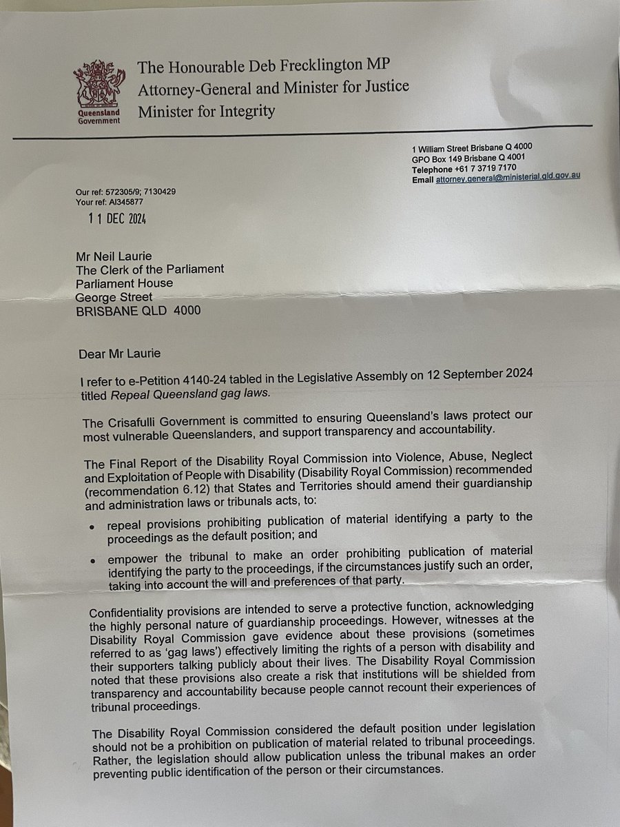 Nunnzilla's tweet image. For those of you who signed my parliamentary petition to repeal QLD gag laws, here’s the formal reply. Thank you @DebFrecklington for at least responding. 

I’d love to understand the actual timelines? We’ve been waiting years 🙏

#repealgaglawsQLD