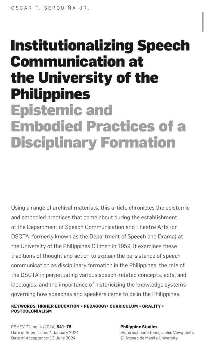 Oscar T. Serquiña, Jr. (@otserquina) on Twitter photo Happy to close this month the 65th Anniversary of my home institution, <a href="/UPDscta/">UP DSCTA</a>, with <a href="/iampshev/">Philippine Studies</a> publishing my journal article on the early history of the disciplinary formation of speech communication at <a href="/Official_UPD/">UP Diliman</a>.
You can access the article here: philippinestudies.net/ojs/index.php/… Happy to close this month the 65th Anniversary of my home institution, <a href="/UPDscta/">UP DSCTA</a>, with <a href="/iampshev/">Philippine Studies</a> publishing my journal article on the early history of the disciplinary formation of speech communication at <a href="/Official_UPD/">UP Diliman</a>.
You can access the article here: philippinestudies.net/ojs/index.php/…
