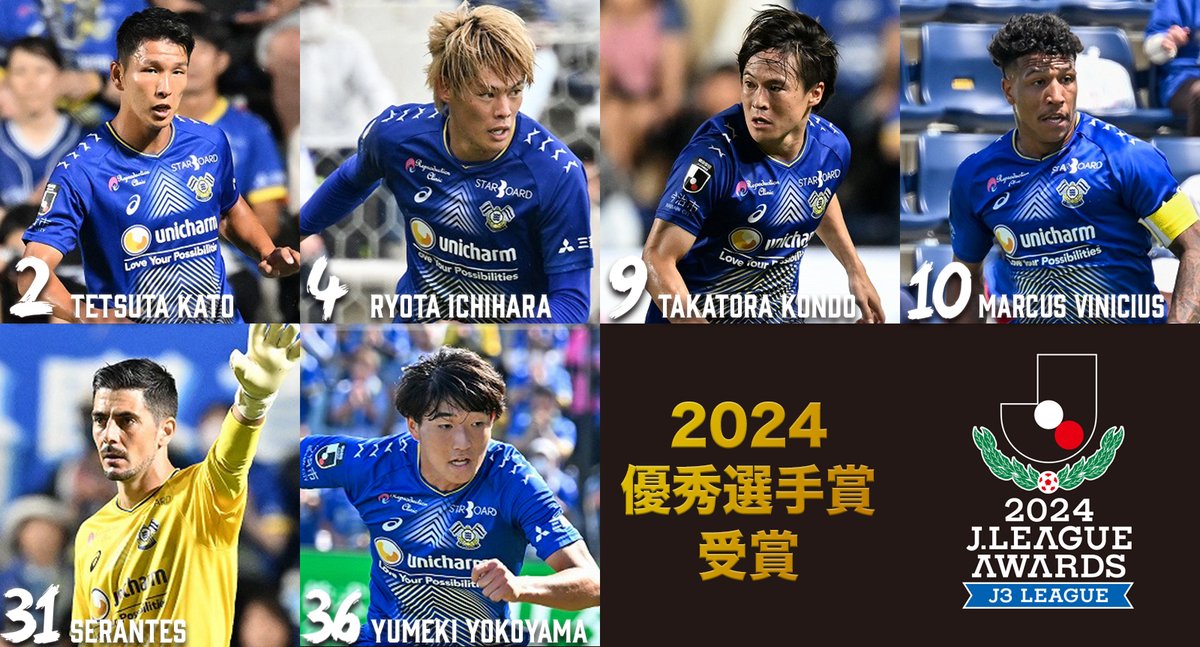 ／
🏅 ２０２４Ｊ３リーグ　優秀選手賞（Ｊ３）　受賞 🎉
＼

シーズンで活躍した選手を表彰するＪ３リーグの「優秀選手賞（Ｊ３）」が新設され、 弊クラブ所属の選手が次のとおり受賞いたしました 🎉

🏅受賞選手
加藤　徹也　選手
市原　亮太　選手
近藤　高虎　選手
マルクス　ヴィニシウス　選手