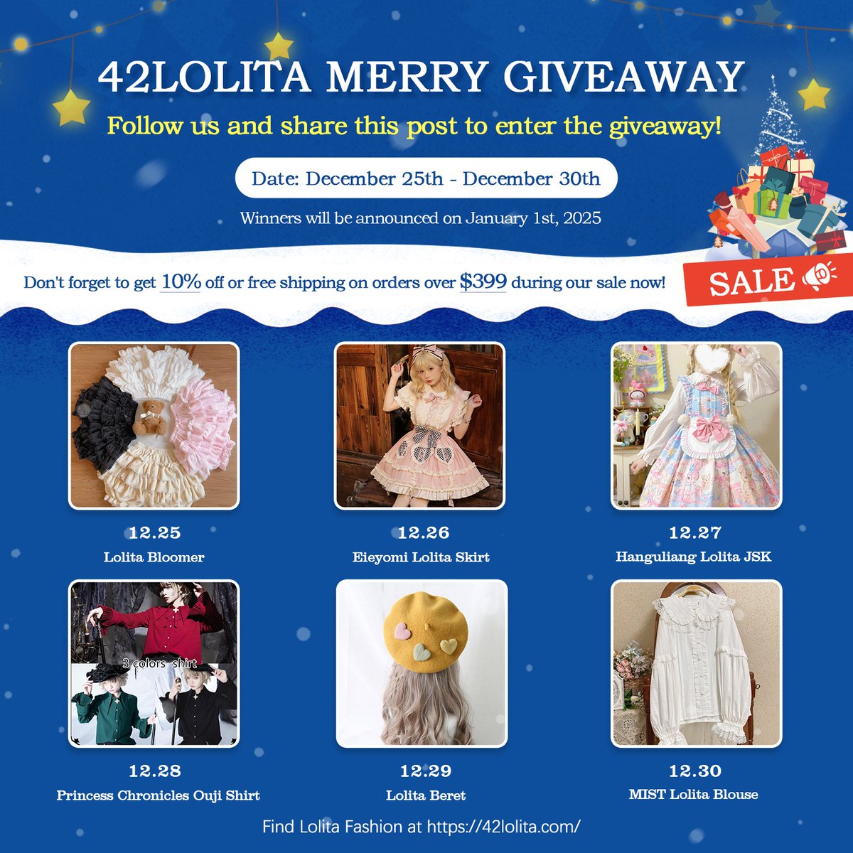 42lolita_'s tweet photo. 🎀 42Lolita Merry Giveaway 🎀

Celebrate with 42Lolita! Join us for a chance to win amazing prizes. ✨

🎄 Plus, enjoy 10% OFF or Free Shipping on orders over $399 during our holiday sale at https://t.co/BVyjnlEITV 🎄

Don’t miss out, start sharing now! 

#giveaway #lolitafashion https://t.co/8JD8zIadw7