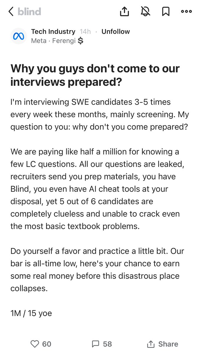 JoinBlind's tweet photo. @Meta you guys might want to check your hiring process... 👀

#MarkZuckerberg #Meta #Recruiting #Careeradvice #Blind #TeamBlind #fypシ https://t.co/LXZNbRCY9R