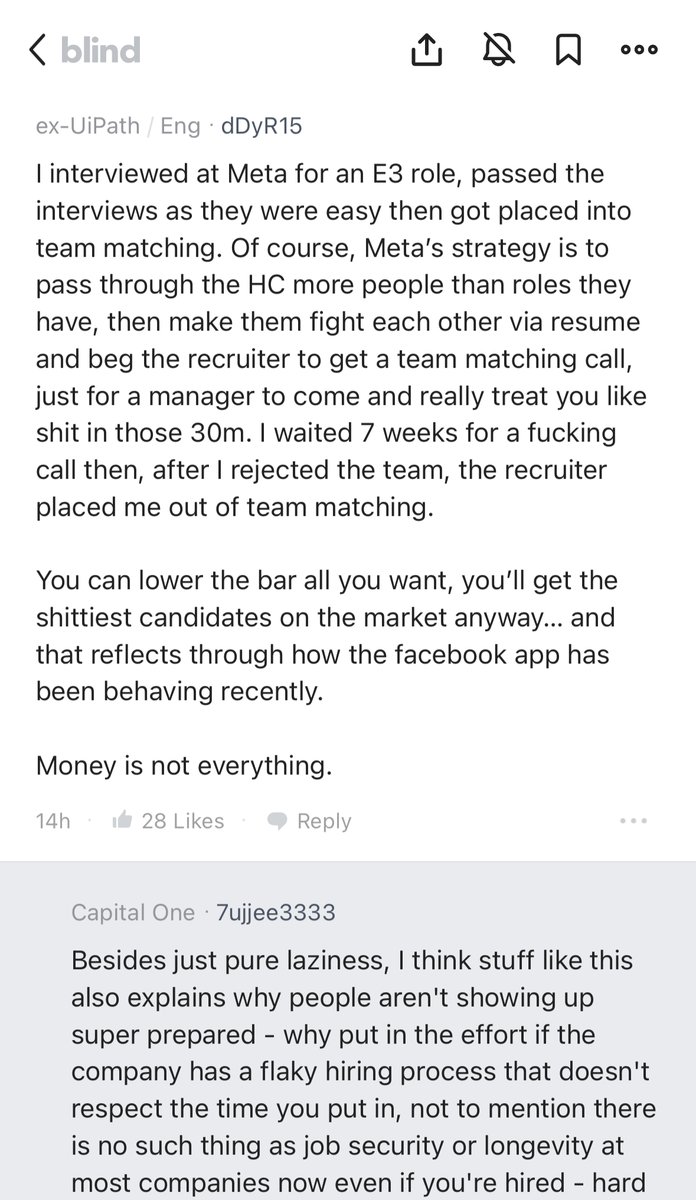 JoinBlind's tweet photo. @Meta you guys might want to check your hiring process... 👀

#MarkZuckerberg #Meta #Recruiting #Careeradvice #Blind #TeamBlind #fypシ https://t.co/LXZNbRCY9R