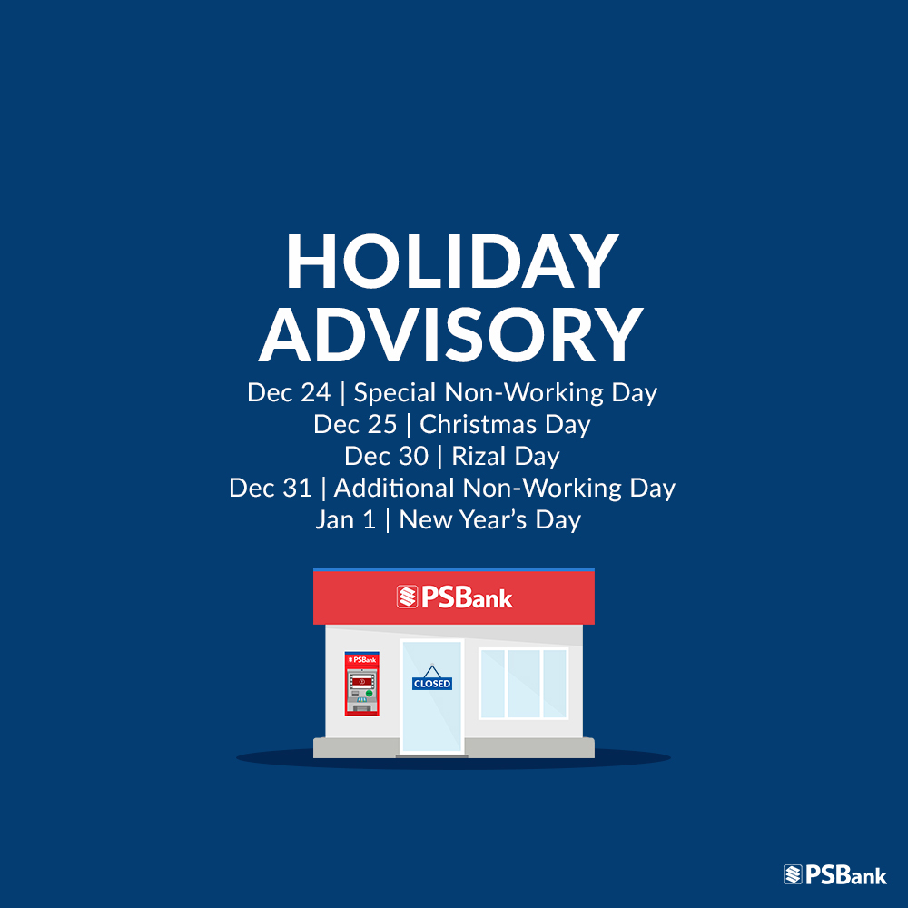 🎵 Pasko na-naman🎄🎵

Happy Holidays!
While our branches are closed, PSBank Mobile/Online and PSBank ATMs are here 24/7 to spread the holiday cheer and keep your banking simple throughout the break! 🎁✨ #ItoSimple
