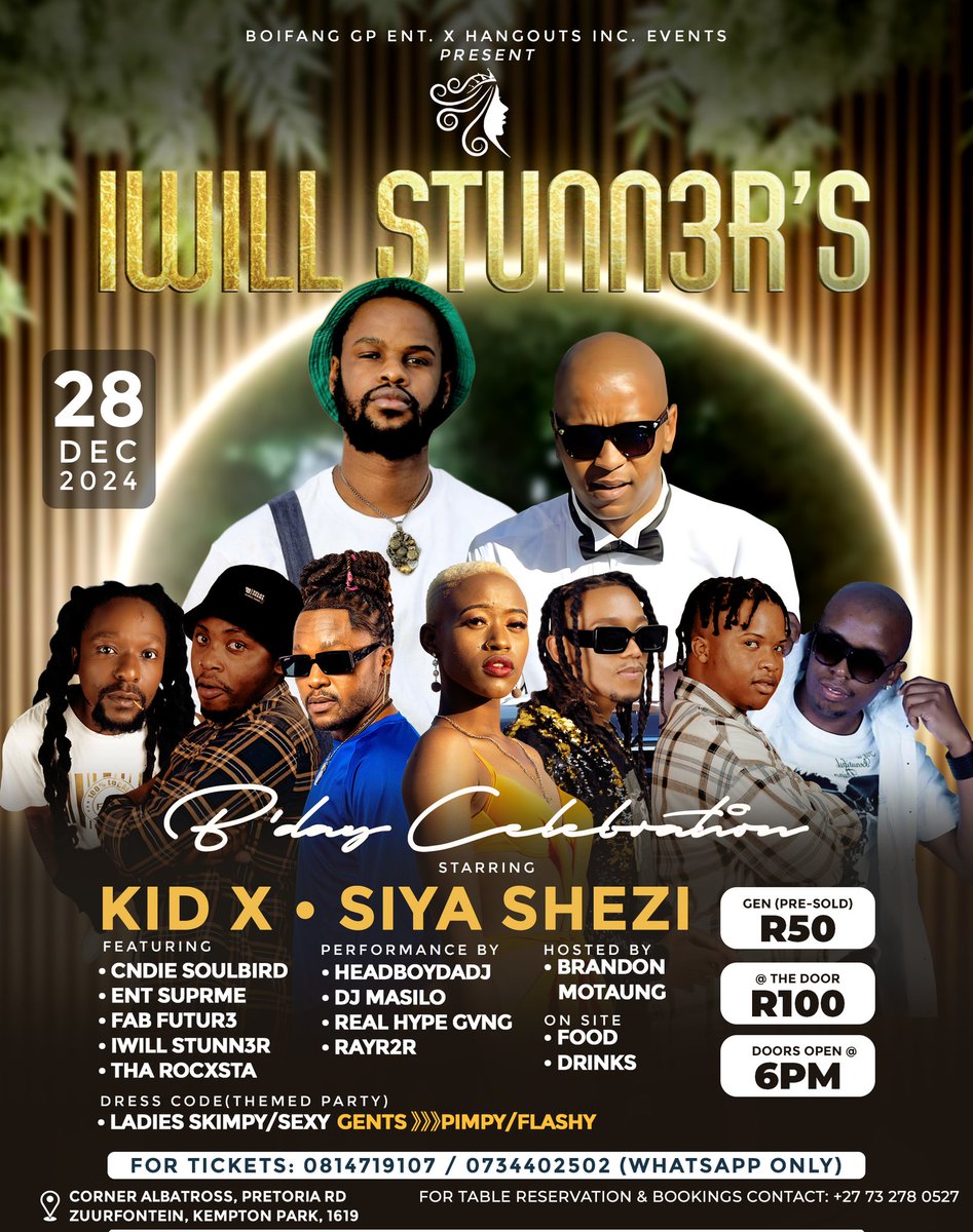 hiphophangouts's tweet photo. Wrappin' up the #FestiveSeason in #Style outcheea π Come witness .@fabfutur3 x .@KiDXsa x .@realsiyashezi under 1 roof
#HipHopHangOuts | #PimpsAndHoes | #winningwednesday https://t.co/OtTV4uopYs