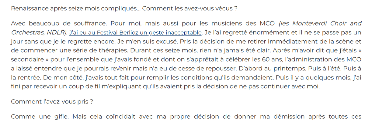 PVerdrager's tweet photo. 1/3 Itw de John Eliot Gardiner où celui-ci se présente comme une victime de la gifle qu'il a infligée à un chanteur et qui lui a valu d'être écarté de l'ensemble qu'il a fondé. Comment a-t-il pris cela : "comme une gifle".

Thierry Hillériteau, Le Figaro, 16 décembre 2024. https://t.co/Io0l6oL6WP