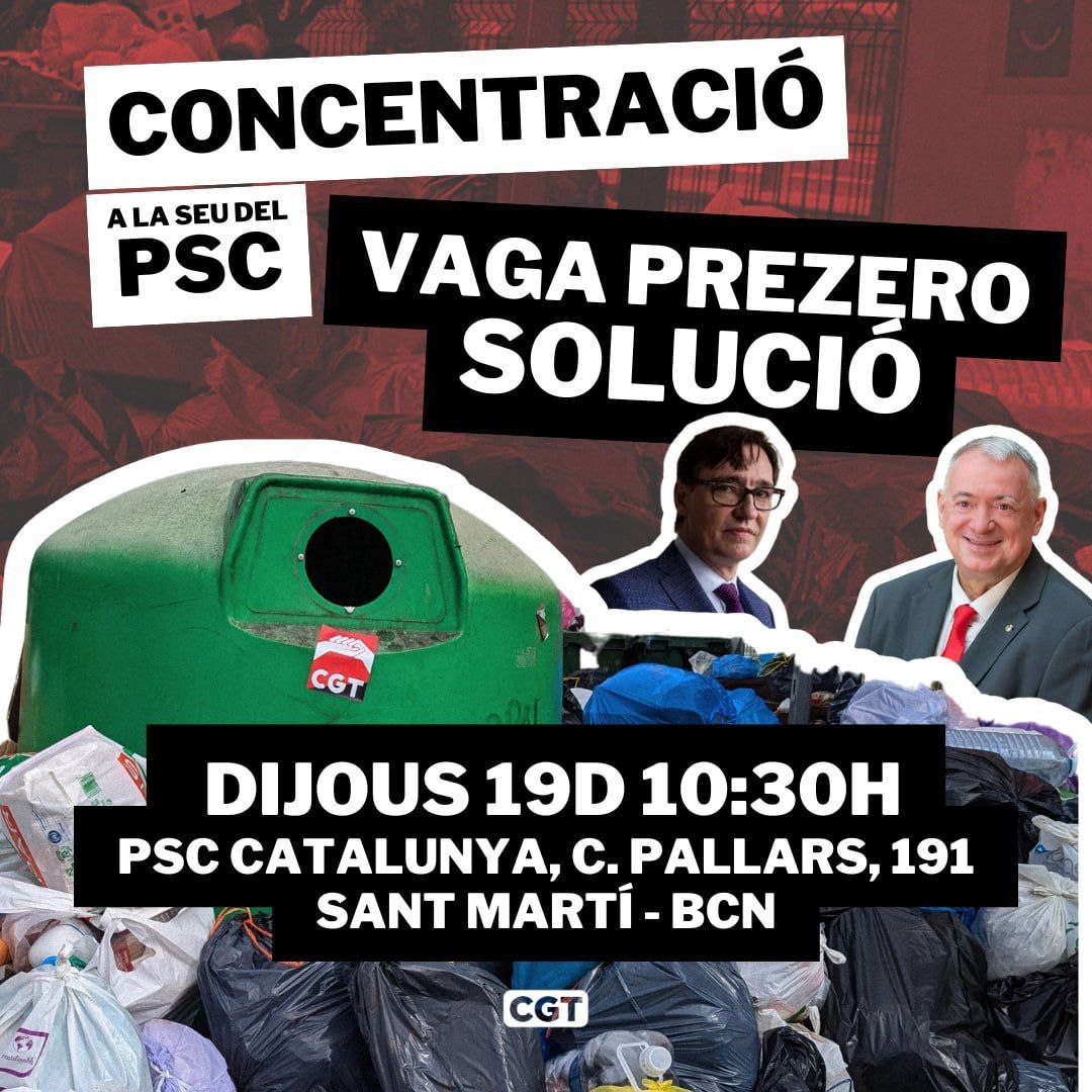 Huelga <a href="/PreZero_ES/">PreZero España</a>  💪

🗓️ Jueves 19 diciembre
🕐 10h 30'
📌 Pallars 191 Metro L4 Pujades
Sede PSC

La plantilla sólo pide #salariosdignosya
<a href="/socialistes_cat/">Socialistes PSC/❤</a> y <a href="/salvadorilla/">Salvador Illa Roca</a>  responsables

Colabora con la caja de resistencia de la FC Baix Penedès ES73 0182 2603 8002 0001 2659 ‼️
