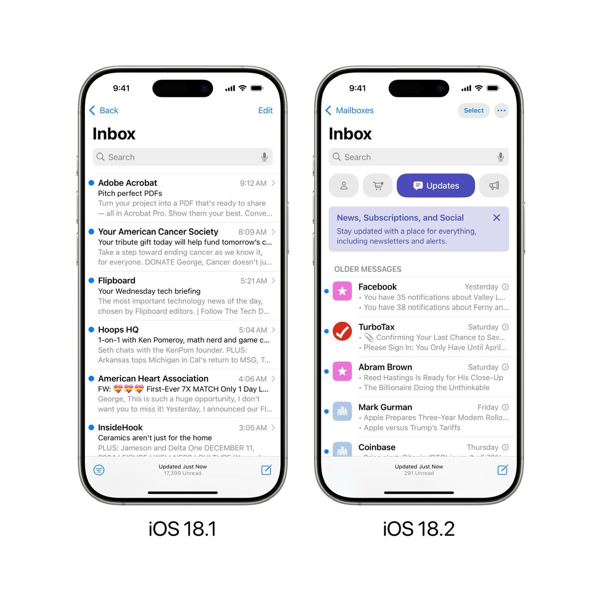 Mail app in iOS 18.1 vs iOS 18.2