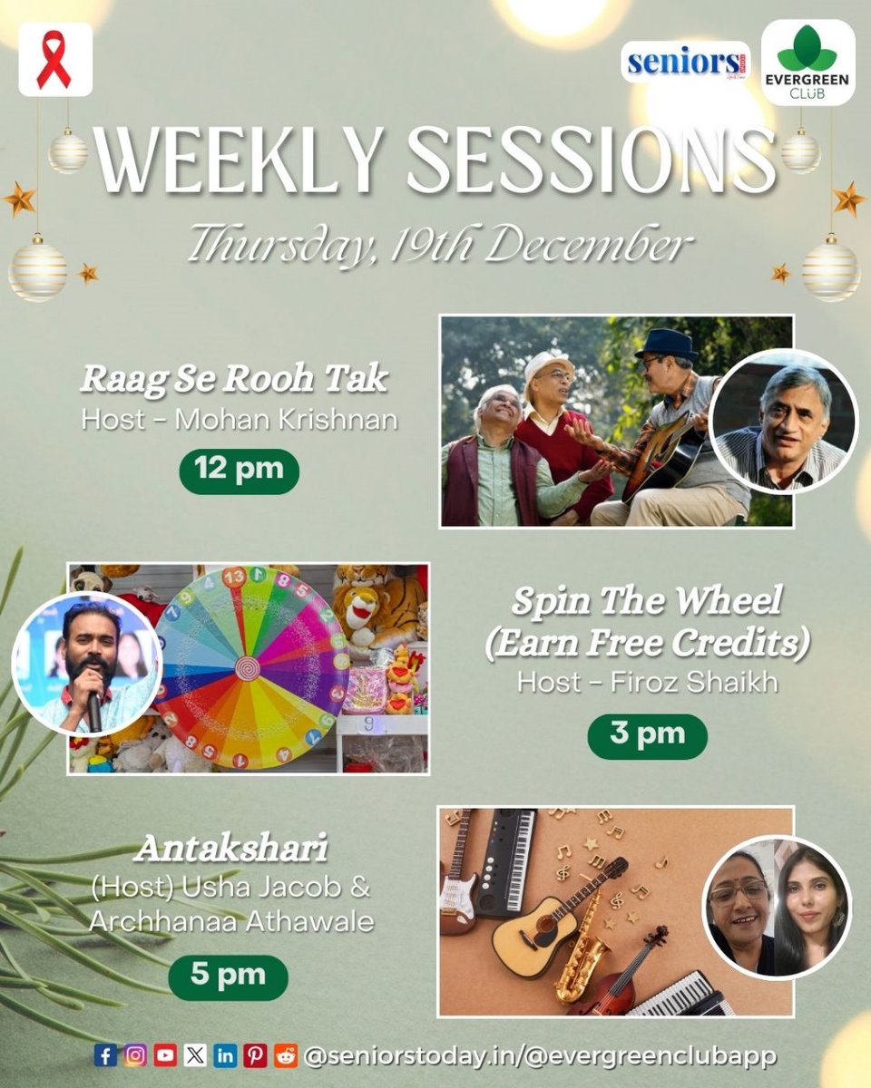 seniorstodayin's tweet image. Mark Your Calendars for an Exciting Day on 19th December! 🎶✨

Book your slot here - evergreenclub.in/sessions

#musicfun #excitinggames #bollywoodmelodies #spinthewheel #antaksharitime #evergreenclub #seniorstoday #joyfulmoments