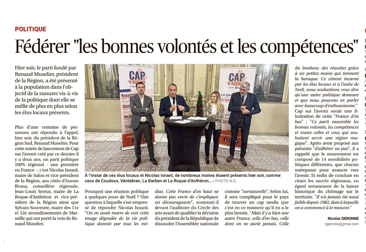 Hier soir, c’était la rentrée dans les Bouches-du-Rhône de <a href="/capsuravenir/">CAP SUR L’AVENIR</a> sous l’impulsion de <a href="/RenaudMuselier/">Renaud Muselier</a>. Un moment qui incarne l’engagement d’un parti résolument tourné vers l’avenir rassemblant les talents et les qualités de notre région.
Des projets concrets et ambitieux !