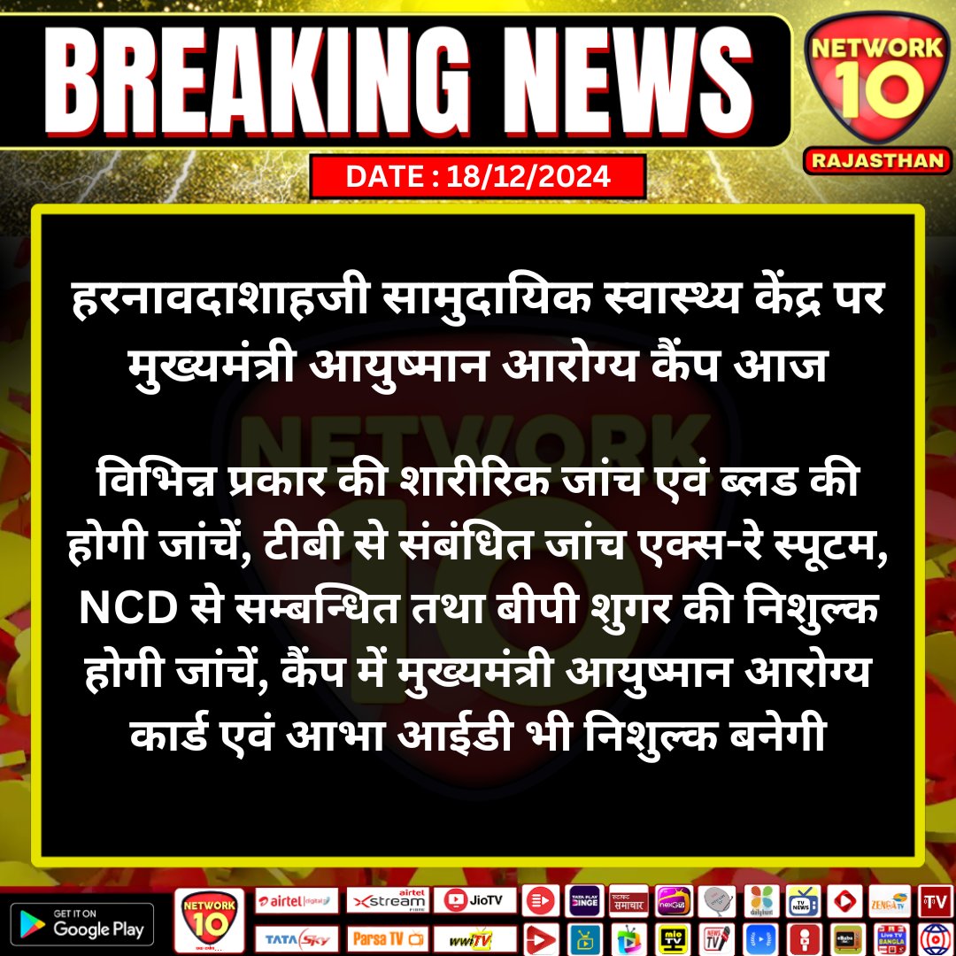 #जयपुर:हरनावदाशाहजी सामुदायिक स्वास्थ्य केंद्र पर मुख्यमंत्री आयुष्मान आरोग्य कैंप आज

 #Rajasthan #LatestNews #BreakingNews #TodayNews #RajasthanNews #News #network10  #HealthCamp  #HarnawadaShahjiCamp #HealthCare    <a href="/BhajanlalBjp/">Bhajanlal Sharma</a>