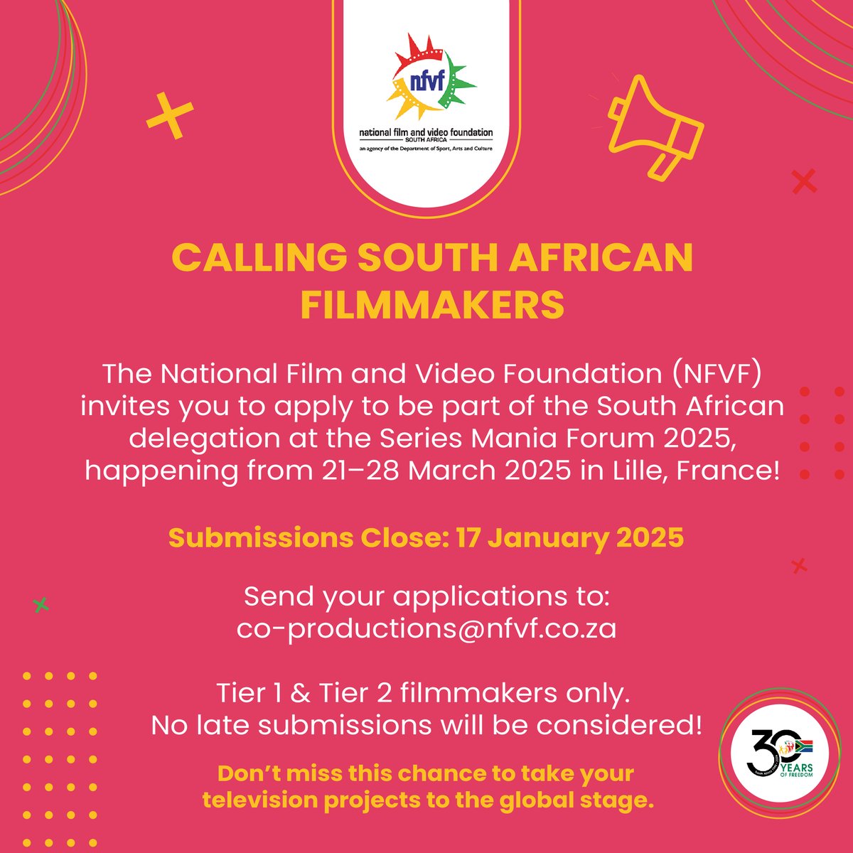 Calling South African Filmmakers! 

The NFVF invites you to apply to be part of the South African delegation at the Series Mania Forum 2025, happening from 21–28 March 2025 in Lille, France!

📩 Send your applications to: co-productions@nfvf.co.za