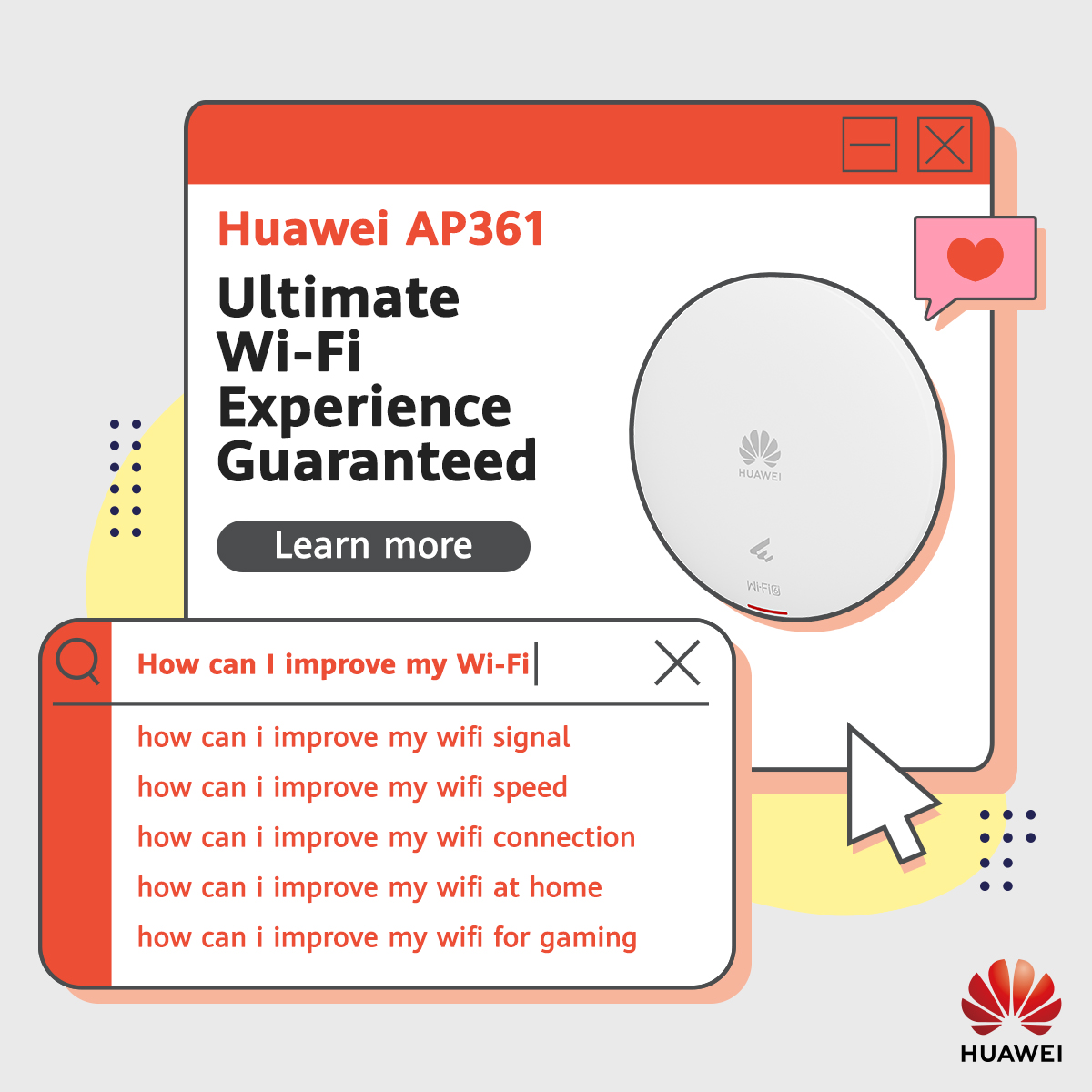 Huawei's tweet image. What annoys you most about your Wi-Fi? Slow or unstable connection? Weak signal? Streaming keeps freezing? Can’t support multiple devices? Or all the above?! We have a solution for you! Check out #Huawei eKitEngine AP361: bit.ly/49FzOmI 🤩 #HUAWEIeKit #InnovateForImpact