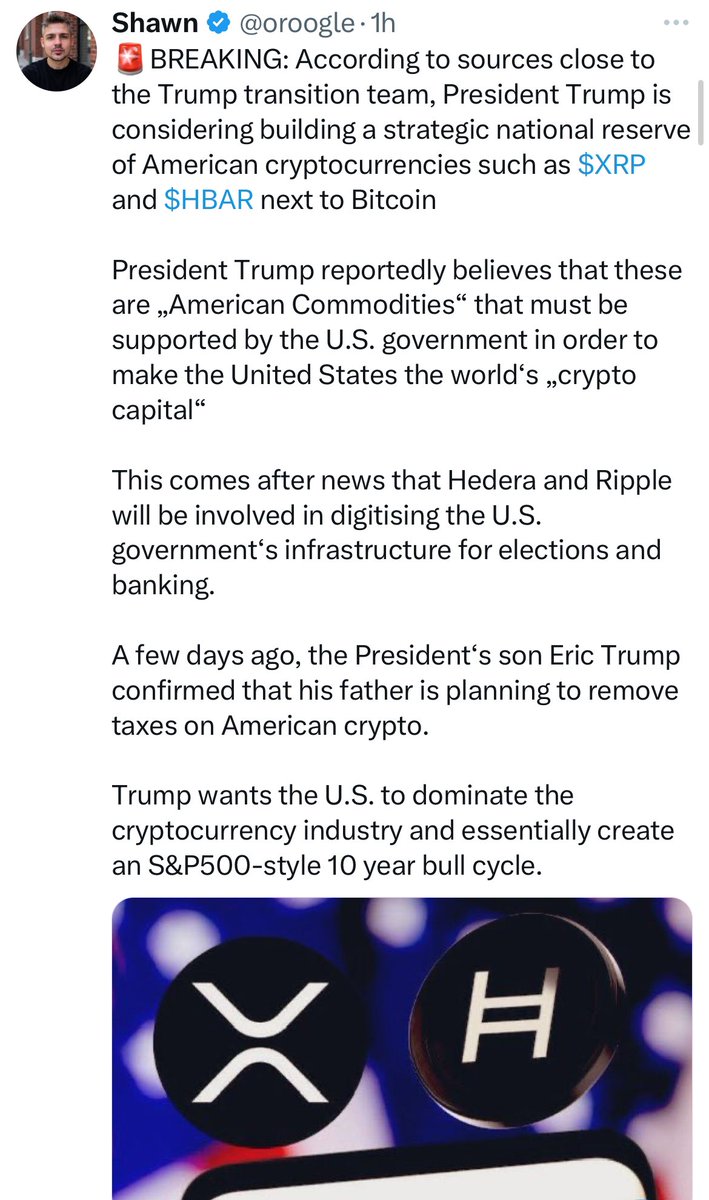 🚨 BREAKING:

ACCORDING TO A WEF MEMBER, PRESIDENT TRUMP IS CONSIDERING CREATING A STRATEGIC NATIONAL RESERVE OF AMERICAN CRYPTOCURRENCIES LIKE #XRP AND $HBAR IN ADDITION TO BITCOIN! 🇺🇸 

THAT WOULD BE HUGE! 🧨💥🤯