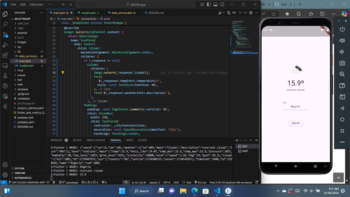 GFasedemi's tweet image. Day #11/30
On the flutter journey

Weather App

#30DaysOfFlutter 
#30daysofcode 
#flutter 
#mobileapp