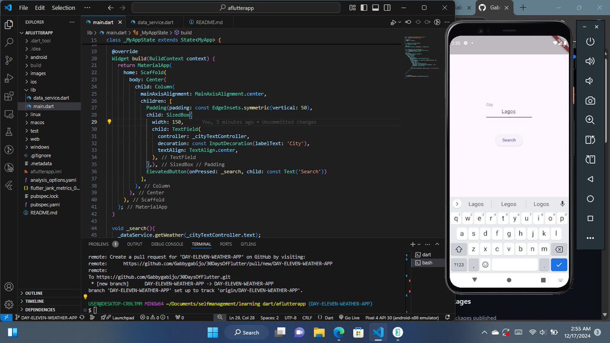 GFasedemi's tweet image. Day #11/30
On the flutter journey

Weather App

#30DaysOfFlutter 
#30daysofcode 
#flutter 
#mobileapp