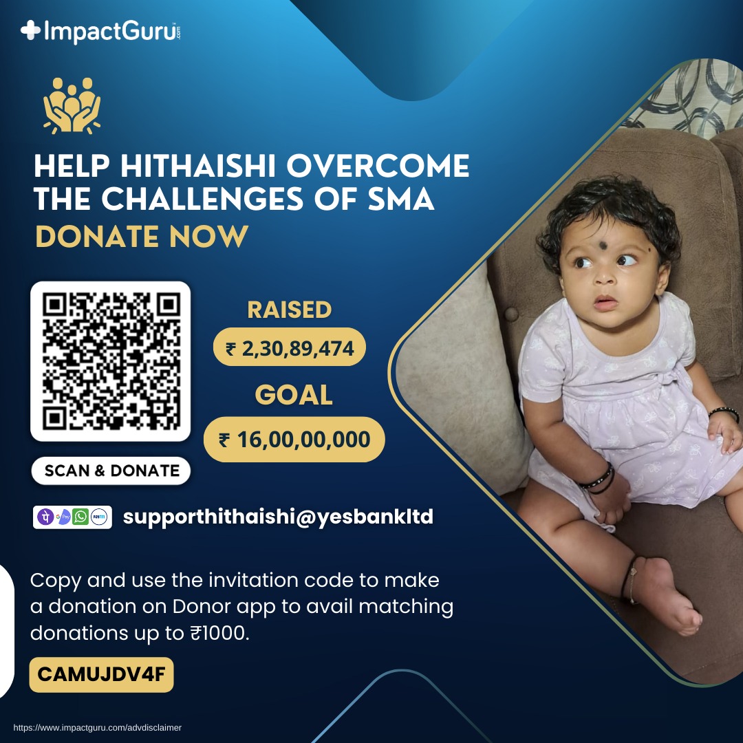 hithaishivSma's tweet photo. @narendramodi  Sir,
Help Hithaishi Win Her Battle!
Every share counts, every donation matters! Hithaishi is bravely battling SMA Type 1, a life-threatening disease. Please help and retweet to save her!
To Donate
https://t.co/cJ62zHzqx1
#SaveHithaishi #RareDisease #Donate #Retweet https://t.co/oBAo2gpyZ0