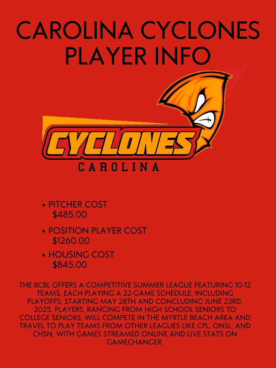 Carolina Cyclones (@ccyclonesbcbl) on Twitter photo Come join our <a href="/BCBL2025/">BCBL Baseball</a> roster! Here are the current openings we have:
8 Pitchers
3 Corner Infielders
1 Middle Infielder
4 Outfielders
DM us our our HC <a href="/McelfreshRiley/">Riley McElfresh</a> to get more information and to get signed up! Come join our <a href="/BCBL2025/">BCBL Baseball</a> roster! Here are the current openings we have:
8 Pitchers
3 Corner Infielders
1 Middle Infielder
4 Outfielders
DM us our our HC <a href="/McelfreshRiley/">Riley McElfresh</a> to get more information and to get signed up!