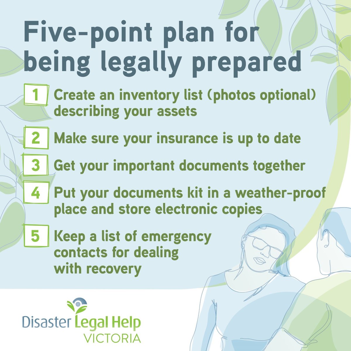 Bushfires, storms and floods can have a big impact on households and communities, and legal issues can last a long time. Follow Disaster Legal Help Victoria’s five-point plan to help reduce the risk of insurance issues. Phone 1800 113 432 or visit disasterlegalhelp.org.au/being-legally-….
