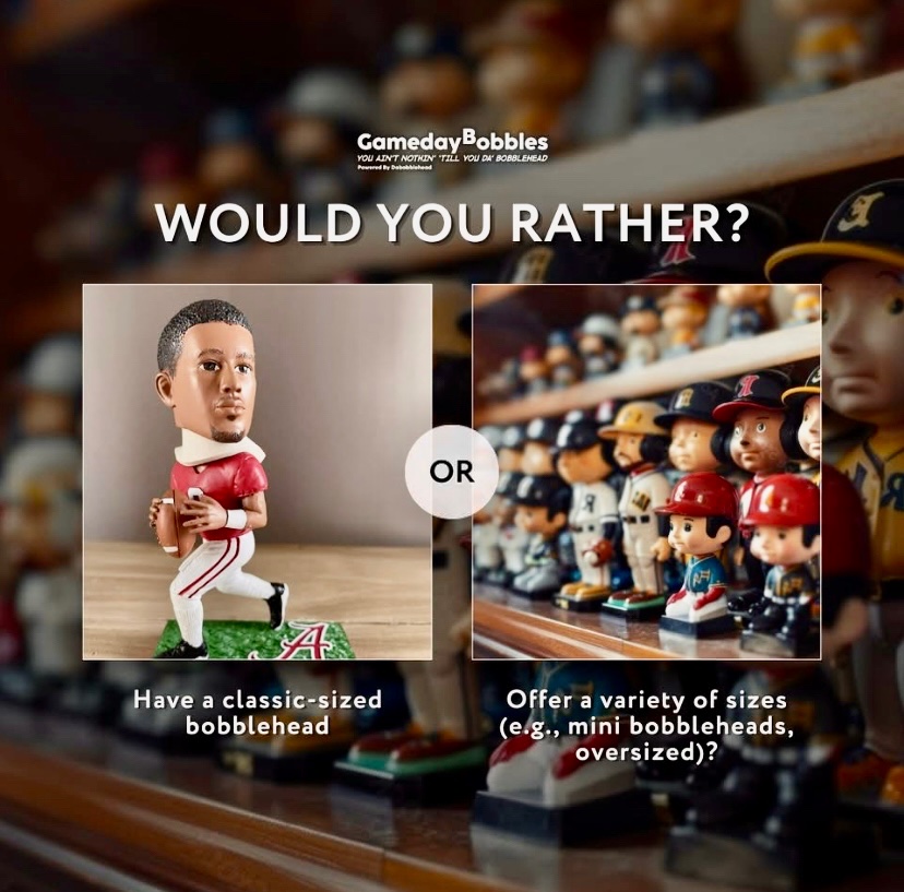 gamedaybobbles's tweet photo. We want to hear from you! We're looking to see what kind of bobbleheads get YOU excited – would you rather have a classic-sized bobblehead or different sizes to choose from? 🤔

#BobbleheadCollection #bobbleheads #collectibles #sportsmemorabilia #bobbleheadcollector https://t.co/duCa4N2I3f