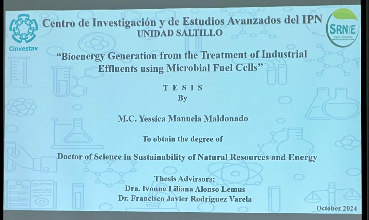El 22 de octubre realizó la defensa de su tesis Yessica Manuela Maldonado: "Bioenergy Generation from the Treatment of Industrial Effluents using Microbial Fuel Cells", Directores: <a href="/IAlonsoLemus/">Ivonne Alonso</a>  y <a href="/FJRVarela/">Dr. F.J. Rodríguez-Varela</a> 
Muchas felicidades <a href="/YessMaldonado3/">Yessy Maldonado</a>, que sigan los éxitos!