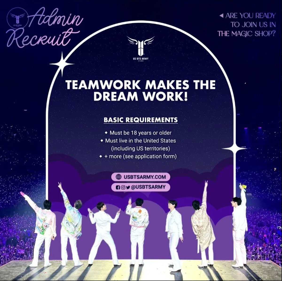 USBTSARMY's tweet photo. ๐๐ US ARMY!! ๐๐
Weโre in search for volunteers to join our team!
Join us to help spread the love for BTS๐
โจLearn more & apply here โคต๏ธ
๐https://t.co/iT71WGOKvv
#USBTSARMY https://t.co/AyOAUAz7dx