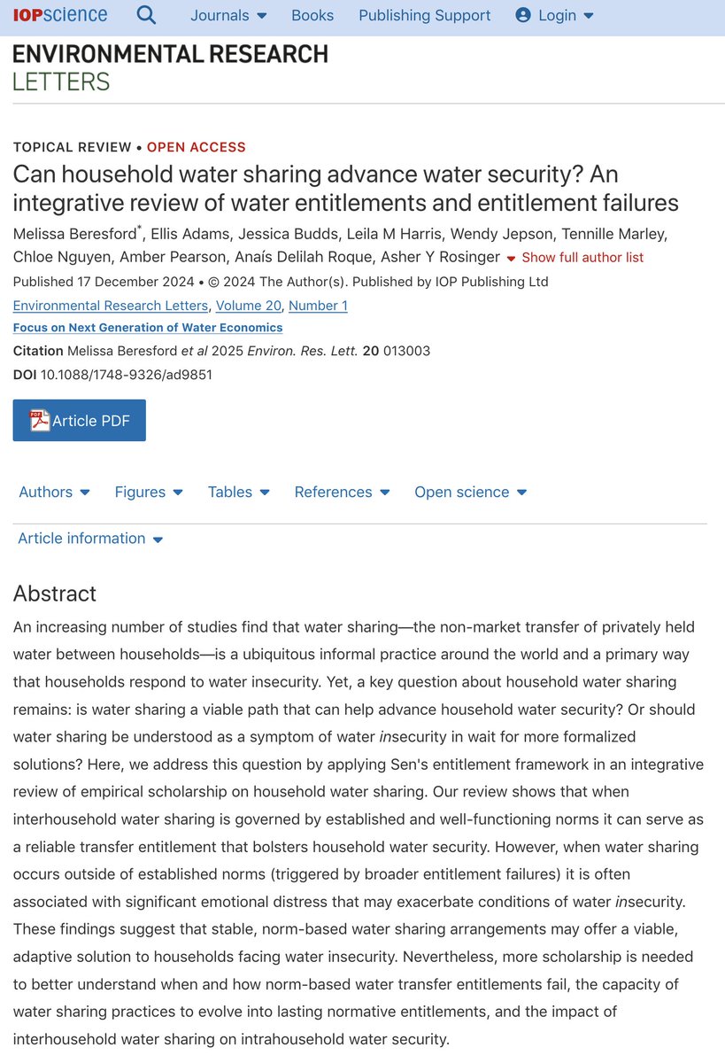 Melissa Beresford (@mhberesford) on Twitter photo We know that water sharing is a major way that households cope with inadequate water globally. But can water sharing help advance household water security? We address this in our new paper out today in <a href="/IOPenvironment/">IOP Environment</a>.
Hint: It depends on norms
iopscience.iop.org/article/10.108… We know that water sharing is a major way that households cope with inadequate water globally. But can water sharing help advance household water security? We address this in our new paper out today in <a href="/IOPenvironment/">IOP Environment</a>.
Hint: It depends on norms
iopscience.iop.org/article/10.108…