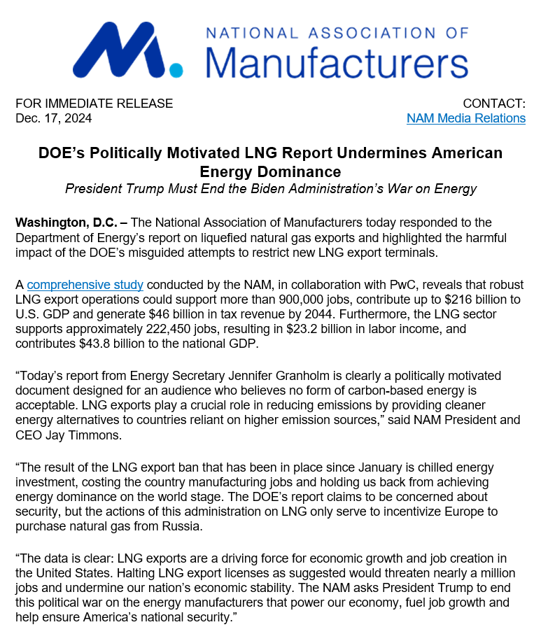 Today, <a href="/JayTimmonsNAM/">Jay Timmons</a> released the following statement in response to the Department of Energy's report on LNG exports and highlighted the harmful impact of the DOE’s misguided attempts to restrict new LNG export terminals.