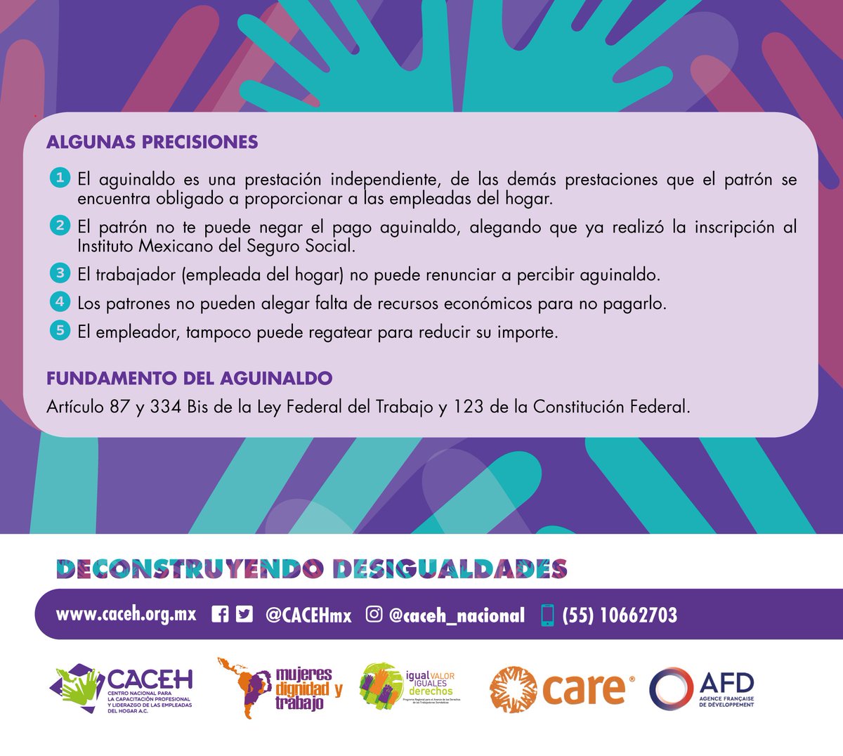 🔴El viernes 20 d diciembre es el último que tienes para pagar el aguinaldo a las personas #TrabajadorasDelHogar.
Se debe pagar en efectivo, en una sola exhibición
(Artículo 334 de la Ley Federal del Trabajo)
Usa #Dignas y calcula el aguinaldo
👇🏻👇🏻👇🏻
calc.caceh.org.mx
#MDT