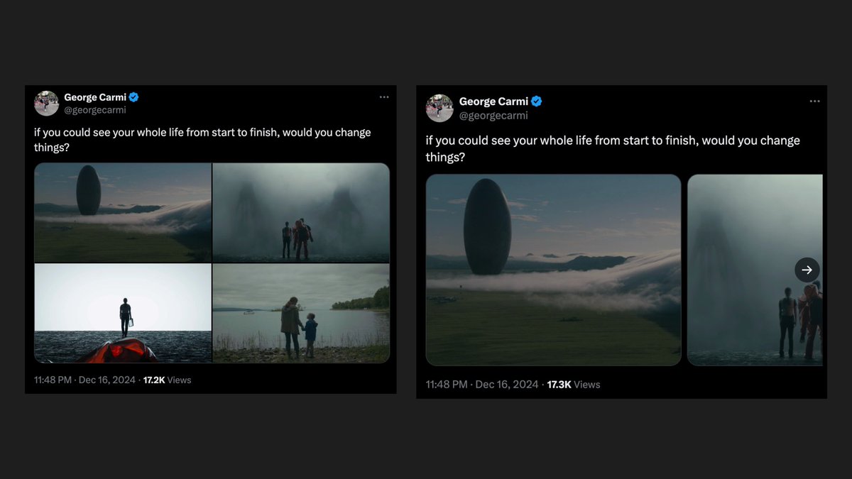 we’re exploring different ways to display media in posts on X

some examples below of a carousel versus the grid that’s currently used

there are tons of different options and trade offs — we’d love to hear your feedback 👇
