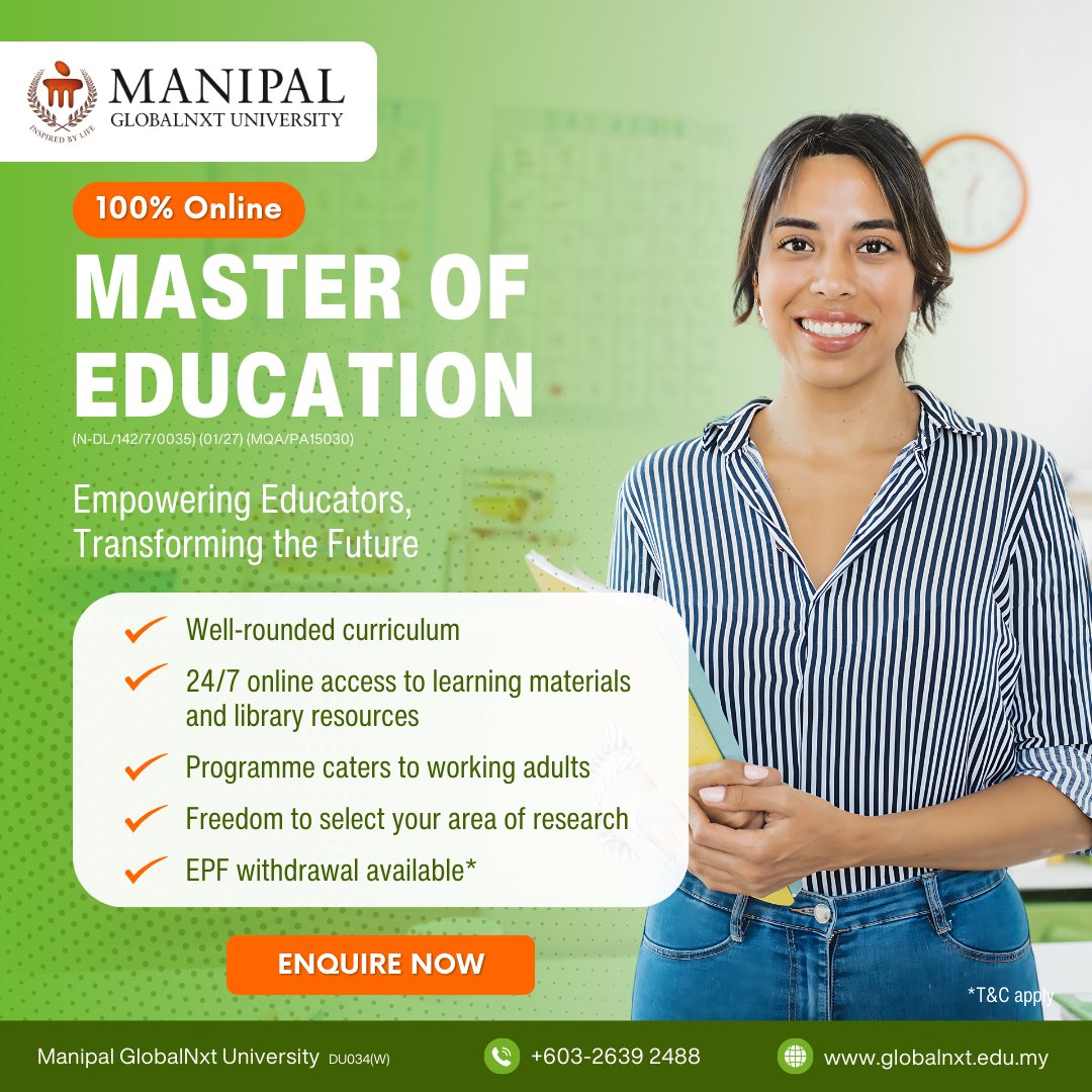 Advance your teaching career with our Master of Education. Flexible, fully online, and designed for working professionals. Enquire Now to transform tomorrow's classrooms.
#ManipalGlobalNxtUniversity #MGNU #NxtGenLeaders #InspireFutureLearning #Education #LifelongLearning
