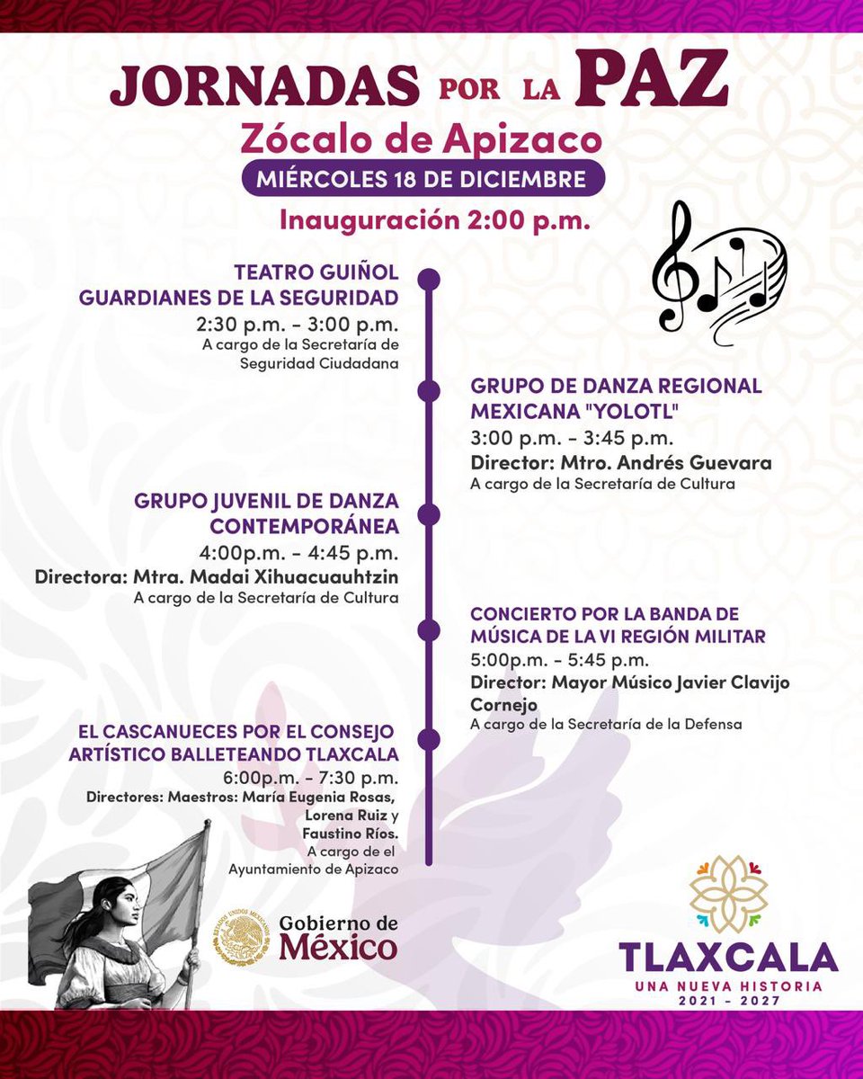 🚨 #Nopuedesfaltar
Participa en las Jornadas por La Paz, la cual se realizará este miércoles 18 de diciembre  en Apizaco🕊️

Asiste en punto de las 14:00 horas al Zócalo de Apizaco, donde podrás disfrutar de una gran variedad de actividades para toda tu familia.