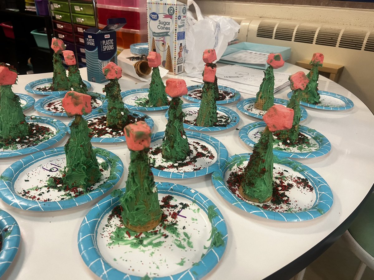 MissHortonSC's tweet photo. Yesterday our spirit day was Christmas Tree day! We made our own Christmas trees with sugar cones, frosting, &amp; sprinkles! It was such a fun, little project that the kids loved and enjoyed eating afterwards, at home! 😊 #ChristmasMagic @SyringDragons  @swartz_creek https://t.co/zMmprmOBcV