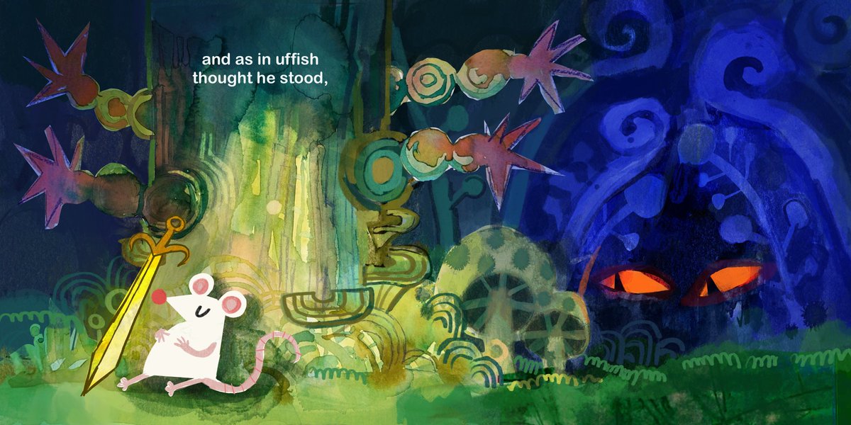 Children’s book cover and spread for my illustration class, based on the poem jabberwocky