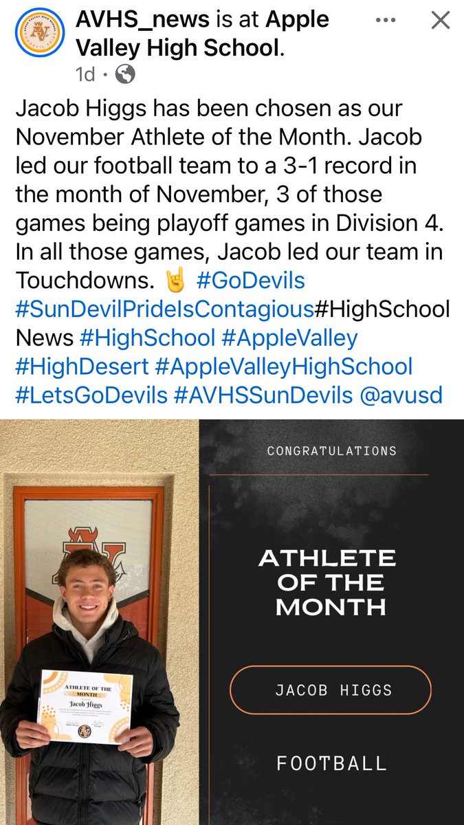 Apple Valley Sundevil Football (@avsundevilfb) on Twitter photo Congratulations to <a href="/jakehiggs08/">jakehiggs08</a>, our school's November Athlete of the Month! We are proud of you. Congratulations to <a href="/jakehiggs08/">jakehiggs08</a>, our school's November Athlete of the Month! We are proud of you.
