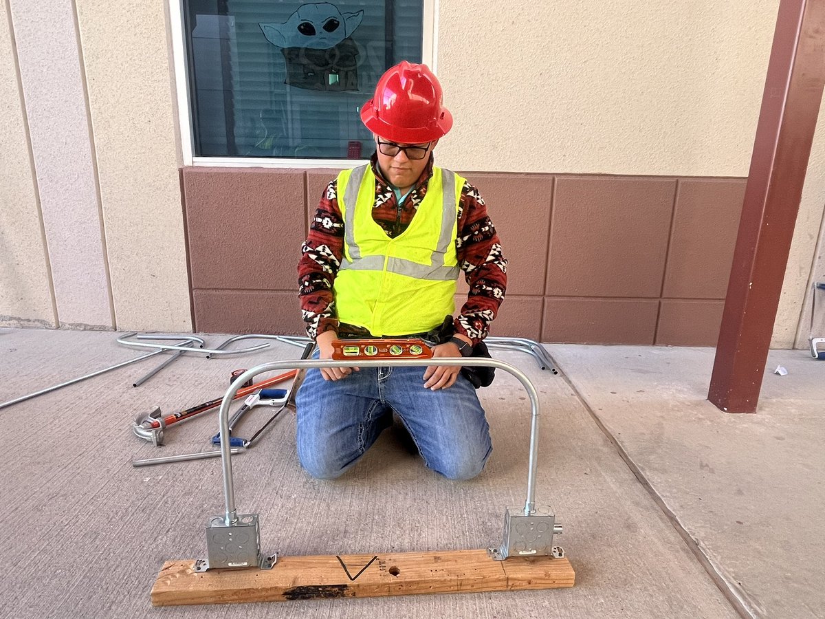 high_scorpion's tweet image. Electrical Technology II end of semester exam using trigonometry,planning with coworkers, measuring and leveling 📝📐📏.#scorpionstrong.