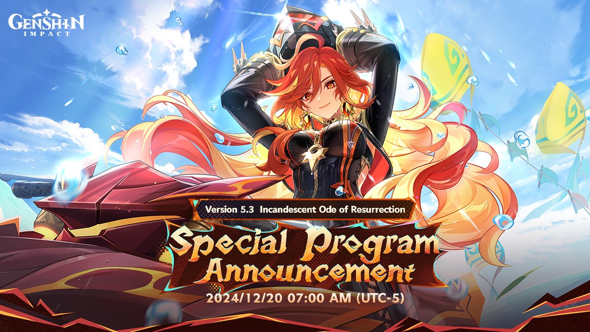 GenshinImpact's tweet photo. Dear Traveler, it's announcement time! #GenshinImpact #GenshinSpecialProgram

The special program for Genshin Impact's new version will premiere on the official Twitch and YouTube channels on 12/20/2024 at 07:00 AM (UTC-5)!
This special program will feature juicy details about new game content and developments in Version 5.3. It will also "drop" some redemption codes and other goodies!

Make sure to follow us, Traveler. We'll see you there!

Twitch：https://t.co/rcFcn6m9IQ
YouTube：https://t.co/7OKbCtPeS4
