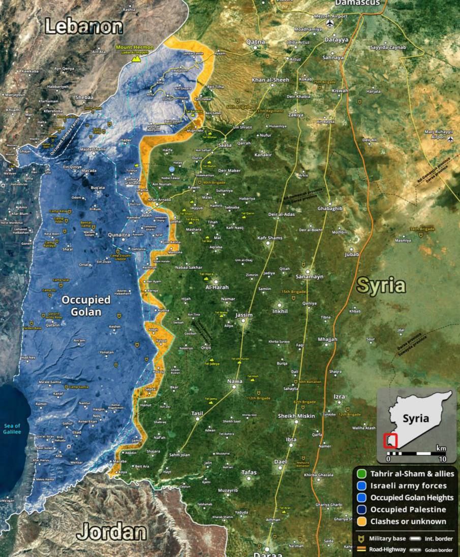 XNews24_7's tweet photo. Update Map 🗺️ 🗾 👇🚨👇
The Israeli army has occupied a minimum of 25 locations in southern Syria to date. #IsraeliArmy #SyriaOccupation https://t.co/c364FxN57i