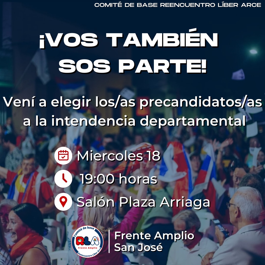 El próximo Miércoles nuestro comité elegirá a los/as candidatos/as a la intendencia departamental que llevaremos al Plenario del Frente Amplio para que sean votados.

Acercate a dar tus ideas, proponer nombres y pensar en un gobierno departamental frenteamplista!